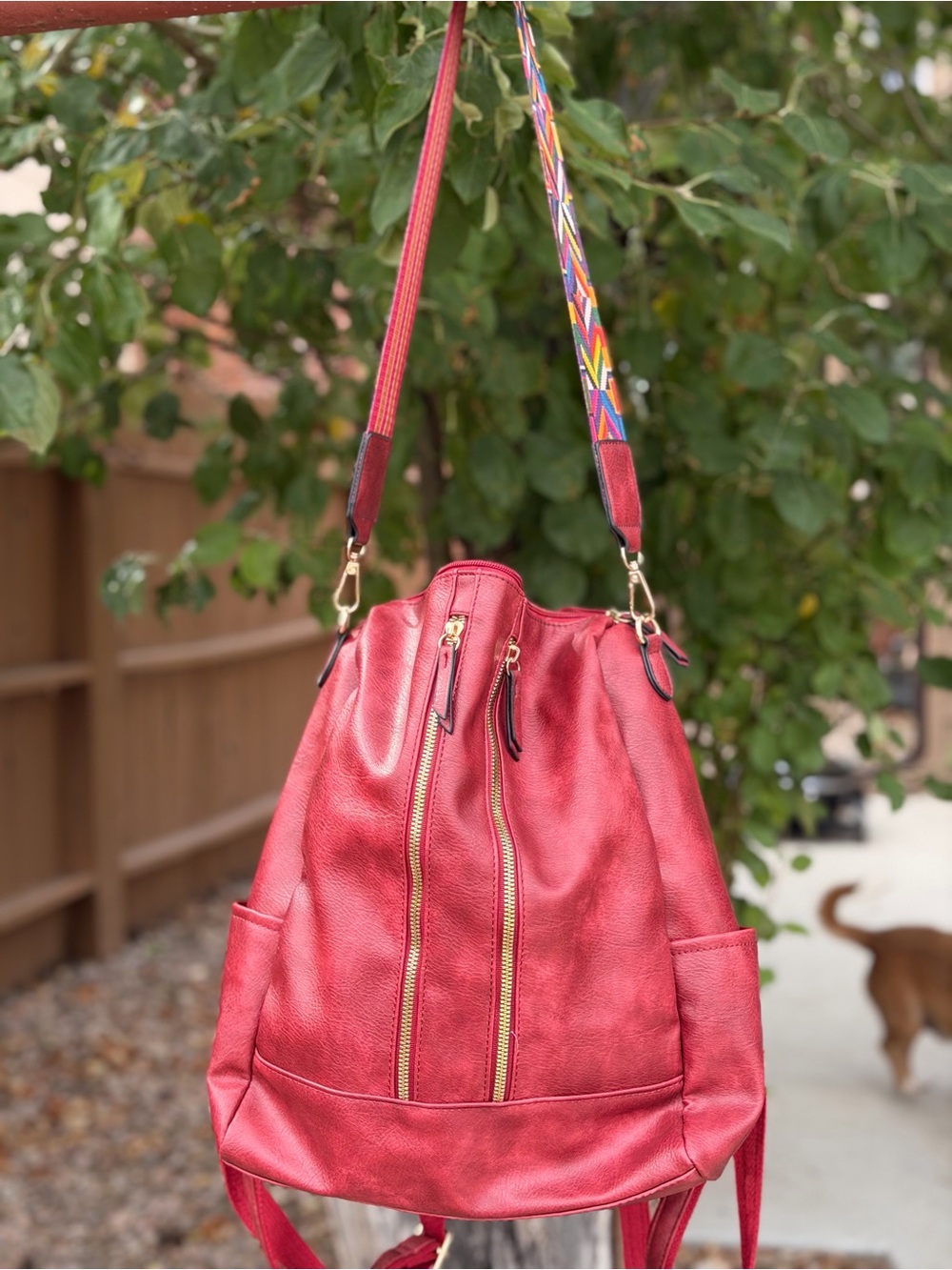 Source Unknown Red Leather Backpack with Multicolor Woven Strap